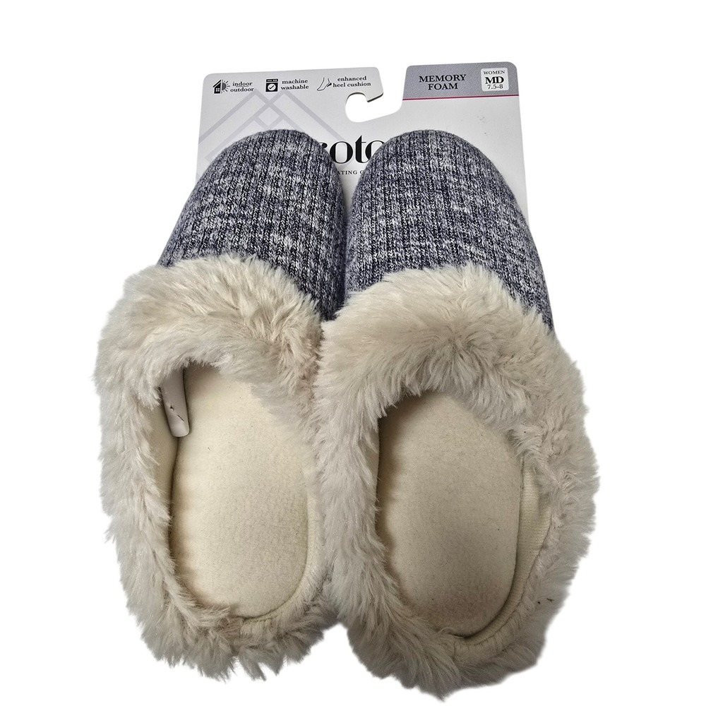 Isotoner Womens Memory Foam Slippers Navy Blue Knit Faux Fur Clog 7.5-8 M NWT